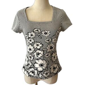 Maeve Anthropologie Hellebore Knit Top Square Neck Short Sleeves Small B&W